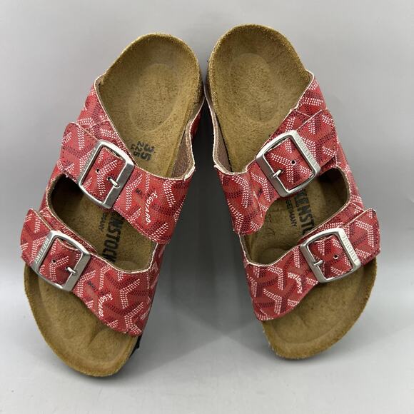 Birkenstock Arizona Sandals Women Size 4 Red Goyard Print Two Strap Buckle Shoes - Picture 5 of 9